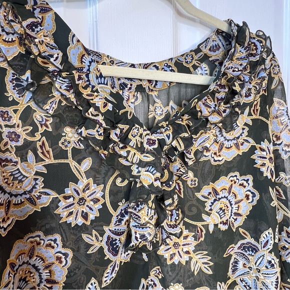 ⭐️ Zara Basic Printed Sheer Flowy Long Sleeve Blouse Ruffle Collar Size MEDIUM - Picture 4 of 10
